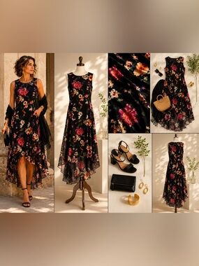 Karen Kane Floral Sleeveless Midi Dress Asymmetrical Hem Size S